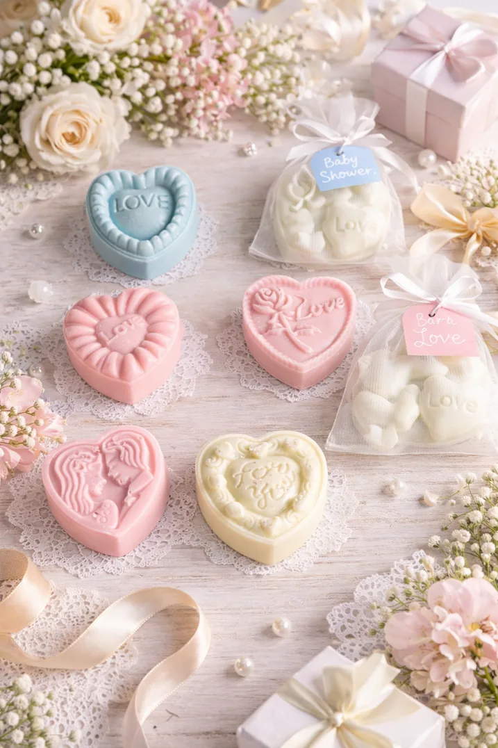 Mini jabones en forma de corazón en tonos pastel, empacados como recuerdos